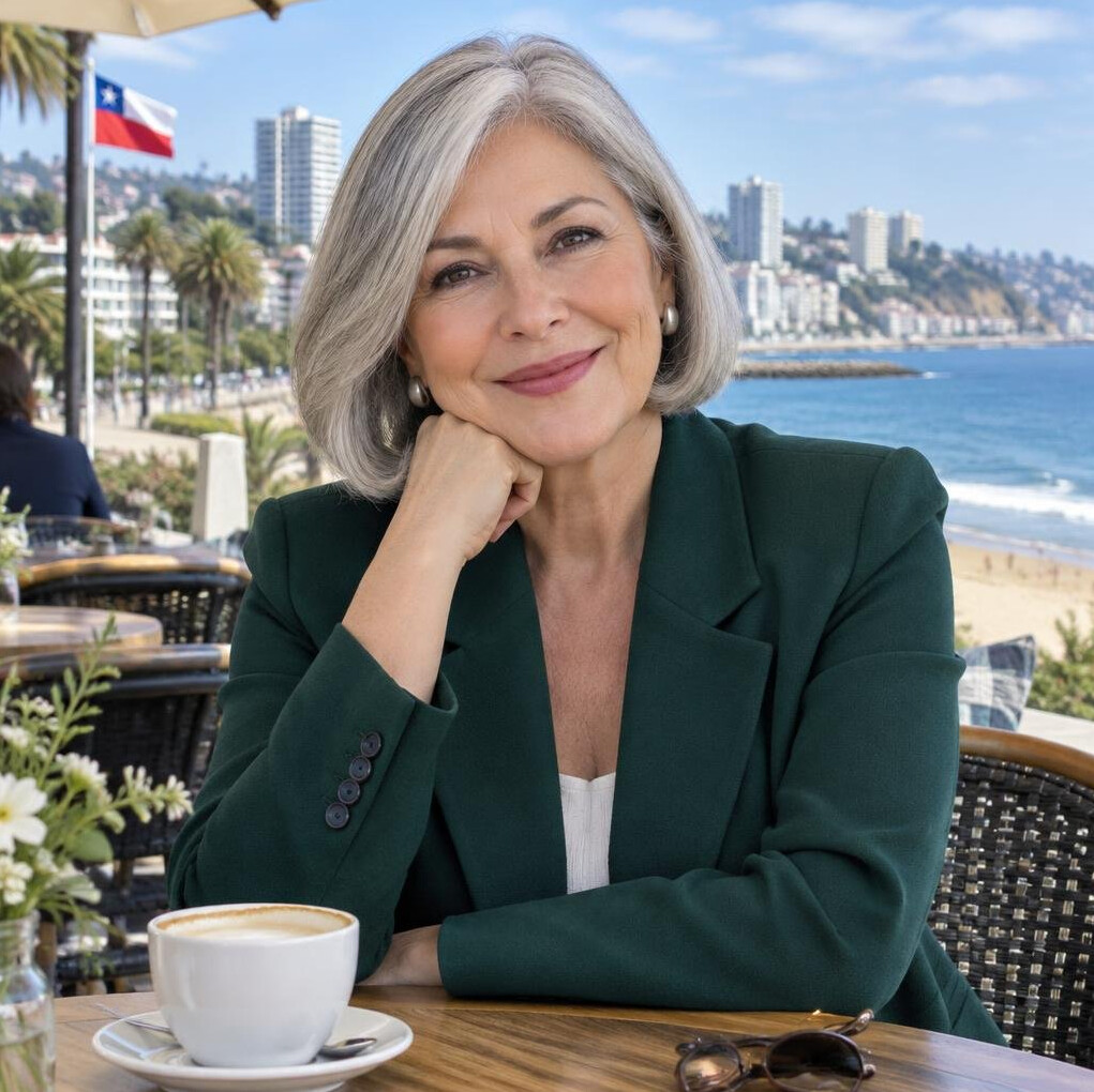 Senior woman with silver bob hair smiling at a cafe table by the sea